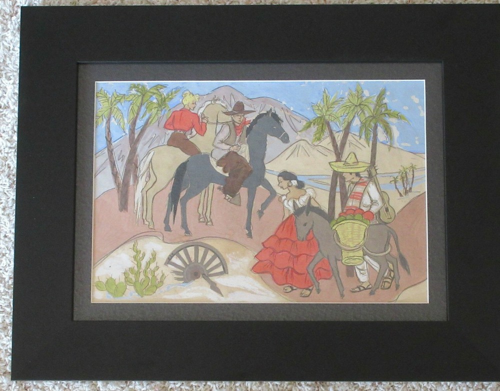 Mid Century Mexican Illustration Painting 1940’s Horse Cowboy Cactus Musician