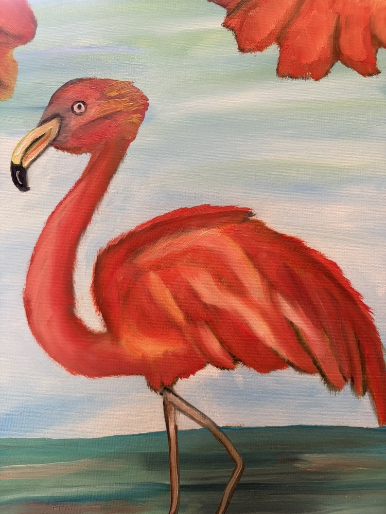 Original oil painting 11 x 14 inches gorgeous colorful orange red flamingo