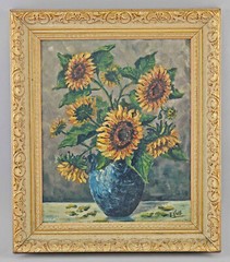 99860285-D Oil Painting Sunflowers In Vase Still Life Signed E. Fuss 56X48Cm
