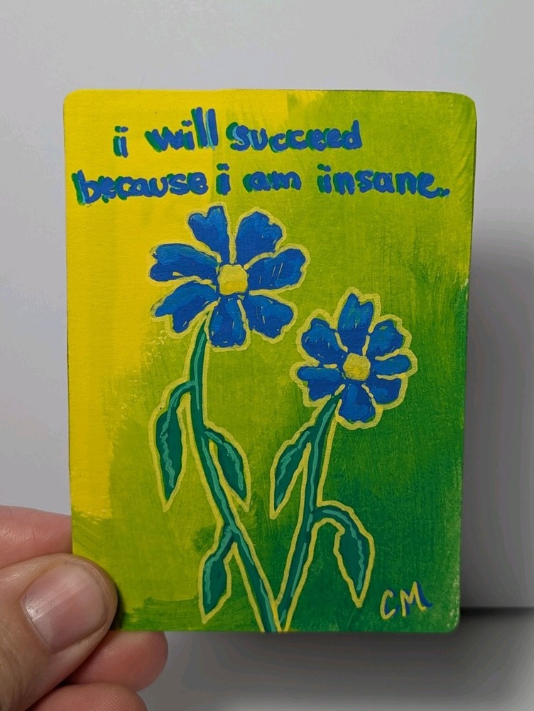 Original ACEO Inspirational Blue Flower Acrylic Hand Painted Art By CM Card