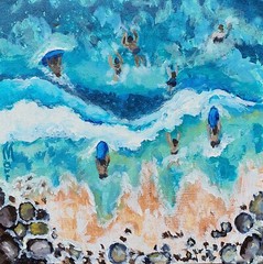 Surfboarder Painting Beach Waves Seascape Original Art Surfer Stones Surfing
