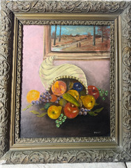 Antique Miller „Tabletop Still Life With Fruits“ Oil Painting -Signed And Framed