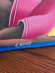 Laurent Casimir Haiti Artist (1928-1990) Oil Painting on Denim 12 x 16” Signed