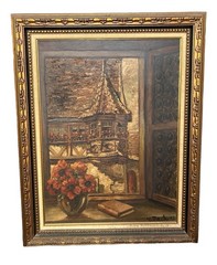 Vtg 1953 Oil on Canvas Signed J. Beck 24×18 Heavy Impasto Europe Village Window