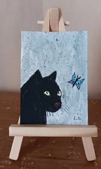 ACEO Original Black Cat And Butterfly Painting Signed Collectible Mini Art ATC