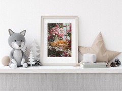 Orange Cat Original Art Still Life Wall Art Animal Oil Pastels Art Flowers Art