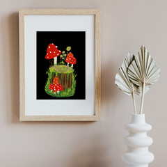 OOAK Original PRINT of ORIGINAL PAINTING Toadstool on Stump 5×7