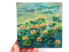 Lotus oil painting, water lilies in a pond original painting, no frame, 12×12 cm