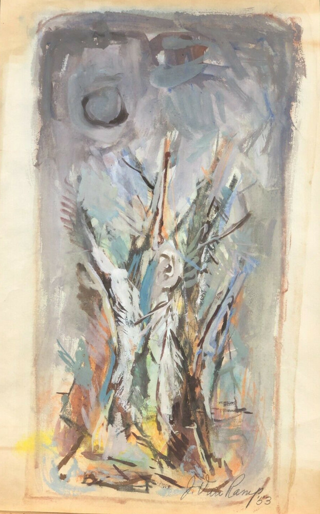 Expressionist Tree 15 1/4 x 9 3/4″ Casein Painting-1953-Joseph Van Ramp
