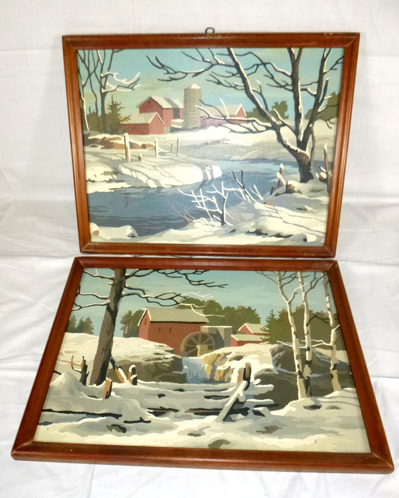 Pr Vtg 60s Paint By Number Paintings Craft Master Winter on The Farm 16×12″