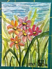 ACEO Painting by M. Hackney Floral Watercolor & Ink, Signed Original, 2.5×3.5″