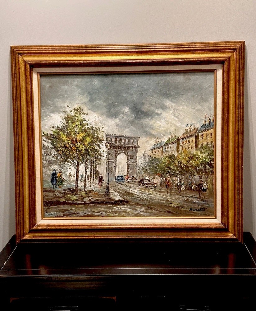 Vintage MCM Original Oil Painting Arc de Triomphe Paris Signed “Burnett” Framed