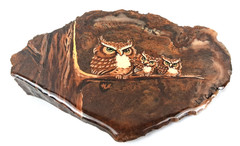 VTG Hand Painted Sweet Owl Family On Stone Agate Epoxy Slab Signed L.W. Cox 6″