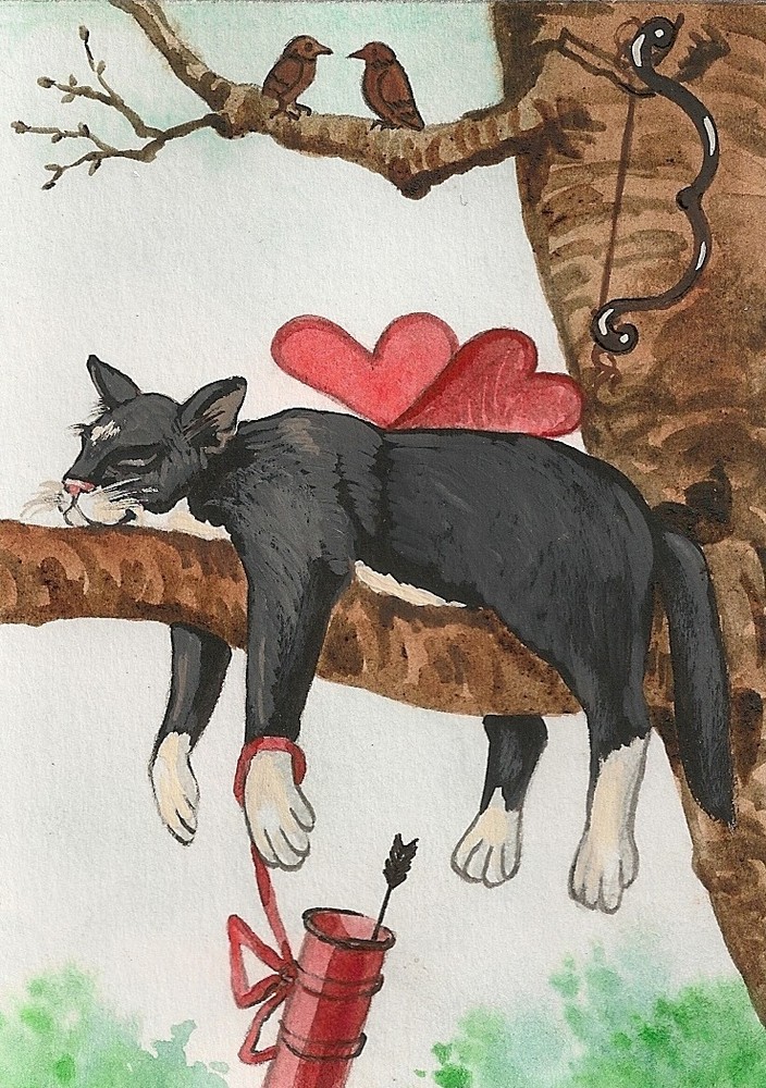 5×7 PRINT OF PAINTING RYTA TUXEDO CAT ANGEL FAIRY VALENTINES DAY CUPID folk art