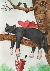 8×10 PRINT OF PAINTING RYTA TUXEDO CAT ANGEL FAIRY VALENTINES DAY CUPID folk art