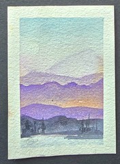 ACEO Original Watercolor Mountain Landscape – „Early Mountain Moonrise“ signed