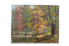 Vintage Autumn Forest Trees Landscape Oil Painting on Canvas 20″