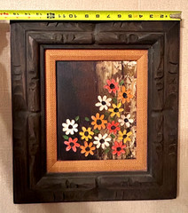 VTG Retro 1970s Mexican Oil Painting ~ Daisies ~ Hand Carved Frame ~ 16×18″