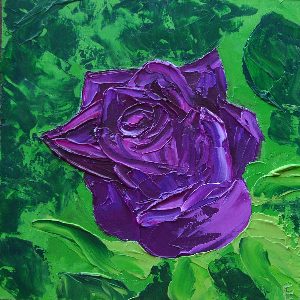 Original Painting Rose Burgundy Purple Flower Oil Art Nature Impasto size 6 x 6