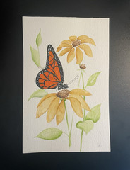 Butterfly & Yellow Flowers Painting, Monarch butterfly watercolor, 5.5×8.5