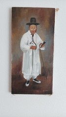 Vintage Korean Original Painting Hanbok Traditional Black Hat Choson Canvas Oil