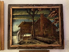 VINTAGE ORIGINAL PAINTING LANDSCAPE WATERMILL SCALLOPED WOOD FRAME Caravaggio