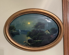 Canvas Landscape Water Night Scene Mount Under Concave Glass Antique Frame READ