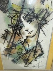 Artist Dibuso Abstract Girl Mixed Media Water Color Pen Framed Signed 2016