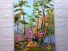 Original Oil Painting Spring Forest with Blossoming Shrubs 12x16in