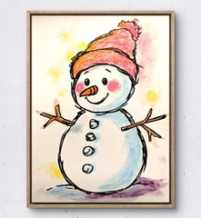 BirkeloART 9×12 Red Hat Rosy Cheek Snowman Original Mixed Media Paper Wall Art