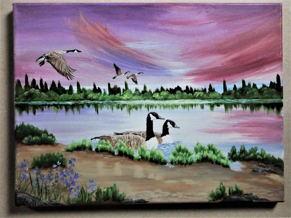 Hand Painted Geese On Lake On Canvas By Phyllis