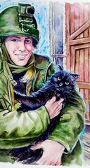 Ukrainian War Art, Soldier Woman and Cat, Watercolor Painting from Real Photo