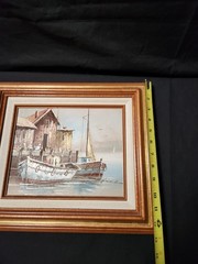 Vintage Framed Oil Painting Harbor Scene Fishing Boat Signed Howard Nautical