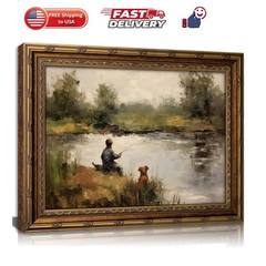 Vintage Gold Framed Wall Art Boy Fishing Country Oil Painting Canvas Prints P…