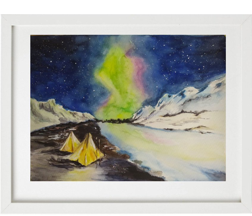 Original watercolor painting Northern lights 24×31 cm Landscape