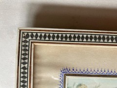VINTAGE PERSIAN MINIATURE PAINTING ON BONE SET IN A KHATAM – FARI FRAME