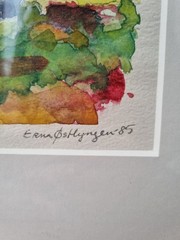 Vintage Scandinavian Watercolor Painting by Erna Østhyngen, 1985 – Colorful Land