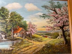 Winona E. Hagerty Original Oil on Board Country Spring Landscape Painting Framed