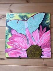 Blooming Moth Painting Canvas 24×24 Colorful couple Floral Art Original Acrylic