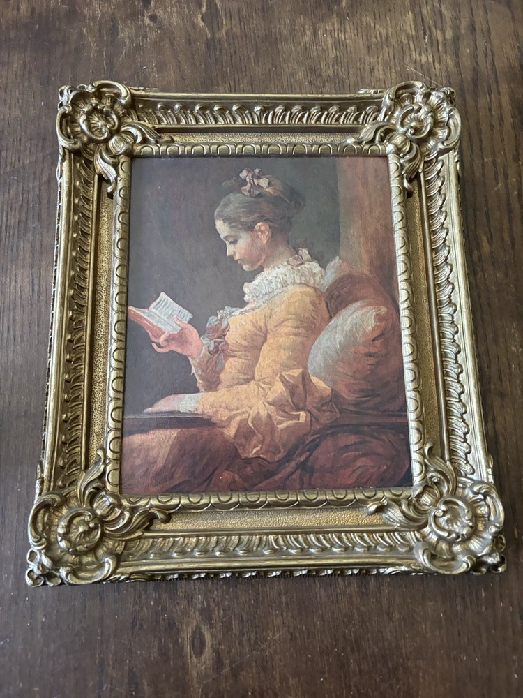 Vintage Framed Print “Young Girl Reading” Painting Ornate Gold Plastic Frame