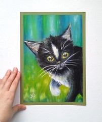 Black Cat Painting Kitten Portrait Original Art Oil Pastel 1,5×8,5 inch