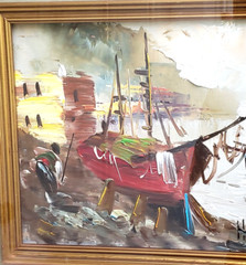 H.PAUL (20th century) Oil on Panel Painting „Boat at Anchor and Fisherman with C