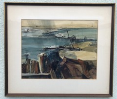 Signed Adele Giles Mid Century WC Of A Rocky Beach 16” X 18 1/2”