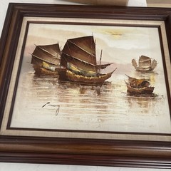 Vintage P. Wong Signed Seascape Oil Painting – Boats & Harbor – Mid-Century
