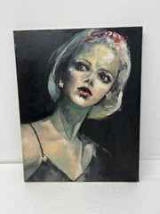 Vintage Original Female Portrait Painting Oil on Canvas Unframed Art mid century