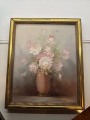 Vintage Signed Artist Robert Cox Floral Still Life Framed Oil Painting on Canvas