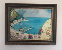 Coastal small town Painting signed by Marcy – framed in good condtion dated 1970