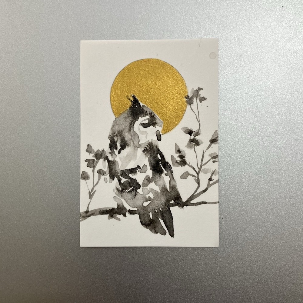Original Owl In Sunset Painting realism Miniature Bird Art Sumi-e Ink Gold USA