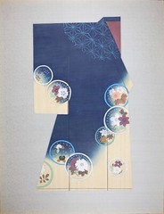 Vintage Japanese Traditional Kimono Illustration on Silk, Asian Water Color Blue
