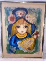 ROGER ETIENNE ORIGINAL SIGNED 1974 BIG EYE GIRL MIXED MEDIA FRENCH NEWSPAPER